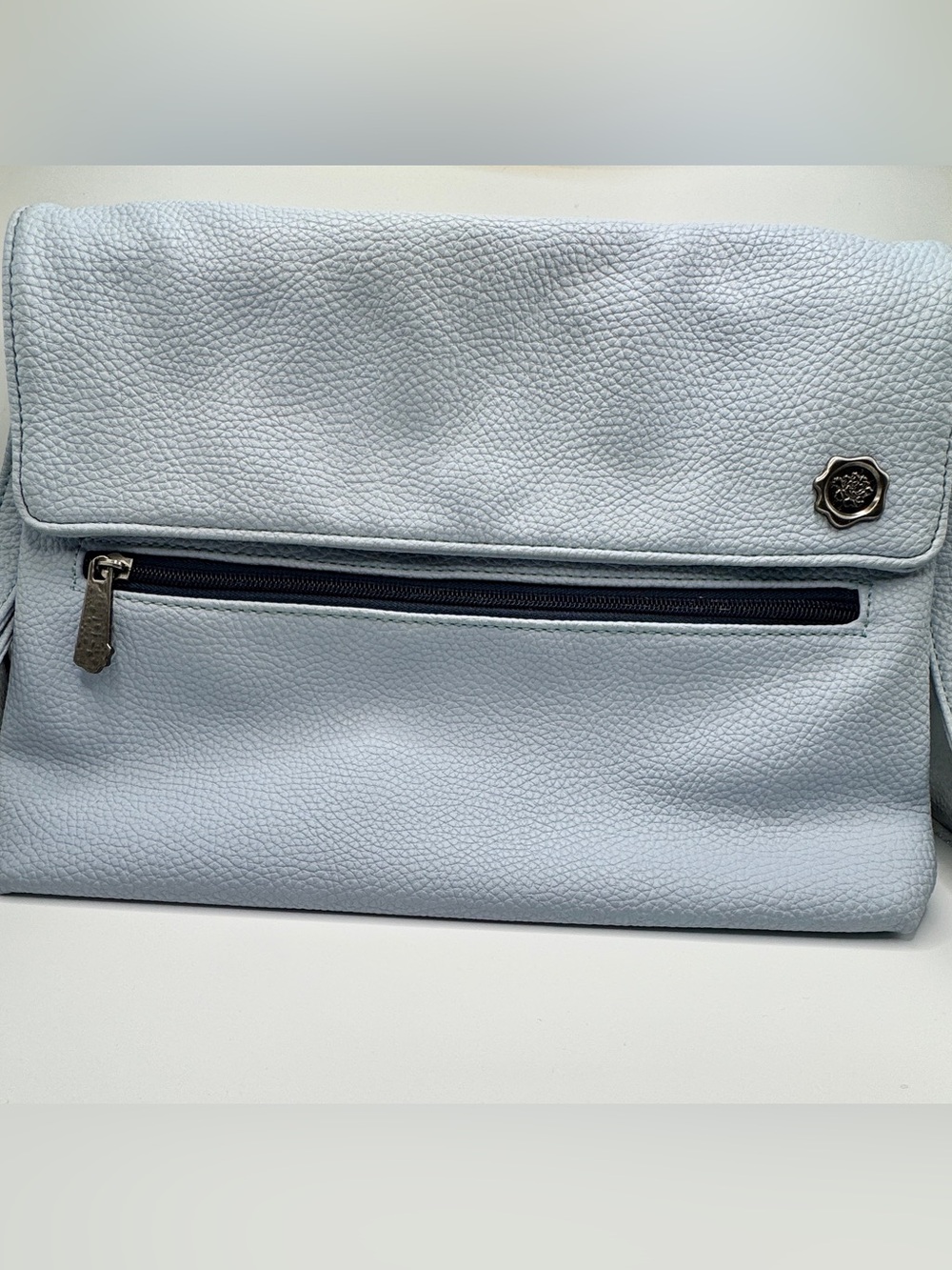 Hammitt Light Gray Pebbled Leather Crossbody with Brass Medallion Accent